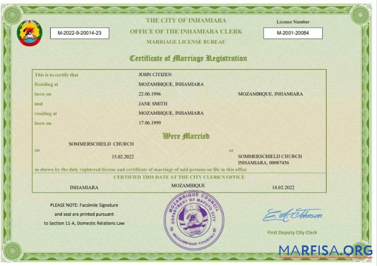 Blank Mozambique marriage certificate Word and PDF template
